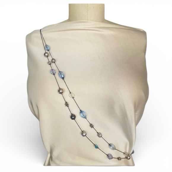 Vintage Jewelry - Vintage Extra long multilayered beaded chain necklace faceted crystals blue